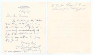 Charles Aubrey Smith. Cambridge University, Sussex & England, 1882-1896. Amusing two page handwritten letter in ink dated 5th August 1939. Smith is replying to a &lsquo;Mrs Furness&rsquo; and writes &lsquo;The enclosed has taken some time reaching me, as I do not live in H