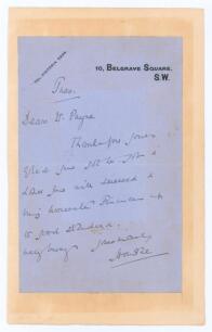 Lord Martin Bladen Hawke. Yorkshire, Cambridge University & England 1881-1911. Single page handwritten letter in ink from Lord Hawke to &lsquo;Dear Mr. Payne&rsquo;. Hawke writes &lsquo;Glad you got the job & ... you will succeed & bring Worcester finances up to good stand
