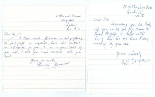 Nottinghamshire C.C.C. Harold Larwood and Bill Voce. Two short single page handwritten letters, one from Harold Larwood, dated 11th December 1978, replying to a request for a signed photograph, the other from Voce, undated, regarding arrangements for the 