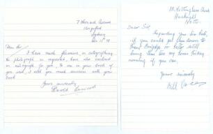 Nottinghamshire C.C.C. Harold Larwood and Bill Voce. Two short single page handwritten letters, one from Harold Larwood, dated 11th December 1978, replying to a request for a signed photograph, the other from Voce, undated, regarding arrangements for the 
