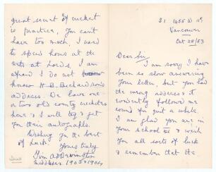 Timothy Arthur Dent &lsquo;Tim&rsquo; Bevington. Middlesex 1900-1904. Two page handwritten folding letter in ink from Bevington to a school boy. Dated 28th October 1953 from his home in Vancouver, Canada, Bevington writes &lsquo;I am glad you are in your school XI & wish y