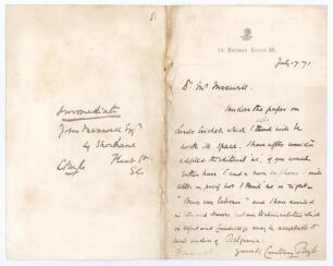Sir Courtenay Edmund Boyle. Oxford University 1865-1867. Single page folding handwritten letter in ink on 13, Portman Street, London letterhead to a Mr Maxwell, dated 17th July 1871. Boyle is enclosing a &lsquo;paper on Lords Cricket, which I hope will be worth