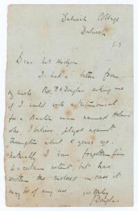 James Douglas. Cambridge University & Middlesex 1892-1913. Single page handwritten letter in ink from Douglas, writing from Dulwich College. Writing to a Mr. Hodgson, Douglas states &lsquo;I had a letter from my uncle Rev. R.H. Douglas asking me if I would writ