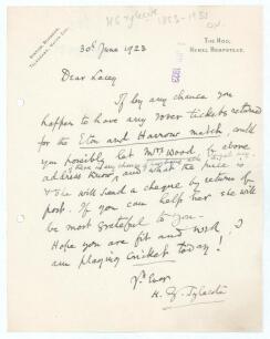 Henry Grey Tylecote. Oxford University, M.C.C. etc. 1874-1886. Single page handwritten letter in ink from Tylecote to &lsquo;Dear [Francis] Lacey&rsquo;, Secretary of M.C.C., dated 30th June 1923. Tylecote is enquiring after spare tickets for the Eton v Harrow match 