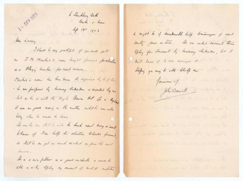 John Daniell. Somerset & Cambridge University 1898-1927. Two page handwritten letter in ink from Daniell to &lsquo;Dear [Francis] Lacey&rsquo;, Secretary of M.C.C. dated 13th September 1923. Daniell is writing to recommend a player, J.M. Mackie, &lsquo;as a playing member 