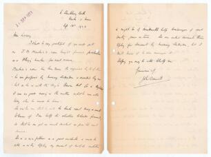 John Daniell. Somerset & Cambridge University 1898-1927. Two page handwritten letter in ink from Daniell to &lsquo;Dear [Francis] Lacey&rsquo;, Secretary of M.C.C. dated 13th September 1923. Daniell is writing to recommend a player, J.M. Mackie, &lsquo;as a playing member 