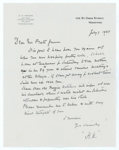 Henry Knollys &lsquo;Harry&rsquo; Foster. Oxford University & Worcestershire 1894-1925. Single page handwritten letter in ink from Foster to Charles Pratt Green. The letter on Foster&rsquo;s Land Agency letterhead of Worcester, dated 7th July 1937. Foster writes to inform 