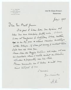 Henry Knollys &lsquo;Harry&rsquo; Foster. Oxford University & Worcestershire 1894-1925. Single page handwritten letter in ink from Foster to Charles Pratt Green. The letter on Foster&rsquo;s Land Agency letterhead of Worcester, dated 7th July 1937. Foster writes to inform 