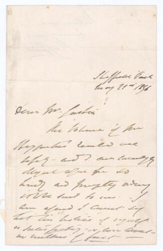 Lord Sheffield 1896. Rare single page folding letter handwritten in ink from Lord Sheffield to the Sussex cricket historian, Alfred J. Gaston. Dated 21st May 1896, and written at Sheffield Park, Lord Sheffield writes &lsquo;The volume of the &ldquo;Biographies&rdquo; reach