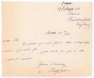 Percy Holmes. Yorkshire & England 1913-1933. Original single page handwritten letter in Holmes&rsquo; neat hand. Dated 20th March 1946, writing from Huddersfield, Holmes is replying to a request for his autograph. Nicely signed &lsquo;Percy Holmes&rsquo;. Adhesive marks to