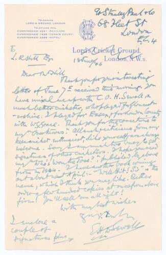 Edward Humphrey Dalrymple Sewell. India, London County, Essex & M.C.C. 1892-1922. An entertaining single page letter handwritten in ink from Sewell to a &lsquo;Mr Hill&rsquo;. Dated 18th June 1946, Sewell is writing from his publisher&rsquo;s office in Fleet Street on M.C.