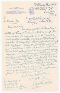 Edward Humphrey Dalrymple Sewell. India, London County, Essex & M.C.C. 1892-1922. An entertaining single page letter handwritten in ink from Sewell to a &lsquo;Mr Hill&rsquo;. Dated 18th June 1946, Sewell is writing from his publisher&rsquo;s office in Fleet Street on M.C.