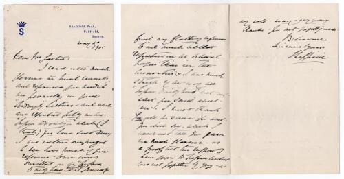 Lord Sheffield 1905. Rare original three page folding letter handwritten in ink from Lord Sheffield to the Sussex cricket historian, Alfred J. Gaston. Dated 4th May 1905, and written on Sheffield Park headed paper with monogram, Lord Sheffield is writing 