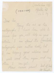 Maurice Tompkin. Leicestershire 1938-1956. Single page handwritten letter in pencil from Tompkin. Dated 20th June 1939, Tompkin is writing from the Leicestershire ground at Aylestone Road, replying to a request for players&rsquo; autographs. Signed &lsquo;M. Tompkin&rsquo;