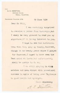Arthur Edward Newton. Oxford University & Somerset 1885-1914. Single page typed letter from Newton to a collector, &lsquo;Mr Hill&rsquo;. Dated 19th June 1934, Newton is writing from his home in Taunton, replying to a request for his autograph. He hope to see the Aus