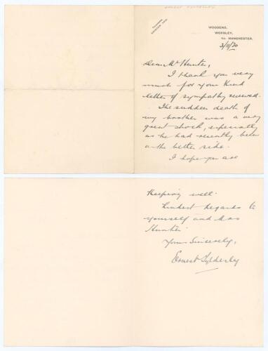 George Ernest Tyldesley. Lancashire & England 1909-1936. Two page folded letter handwritten in ink from Ernest Tyldesley to a Mr. Hunter. Dated 3rd November 1930, Tyldesley is writing to thank the correspondent &lsquo;for your kind letter of sympathy received&rsquo; 