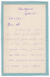 Albert Ward. Yorkshire, Lancashire & England 1886-1904. Two page letter handwritten in ink from Ward, dated May 1893. Ward is replying to a request for a cricket bat from Charles Pratt Green. &lsquo;I cannot oblige you with a bat this time. The one I have playe