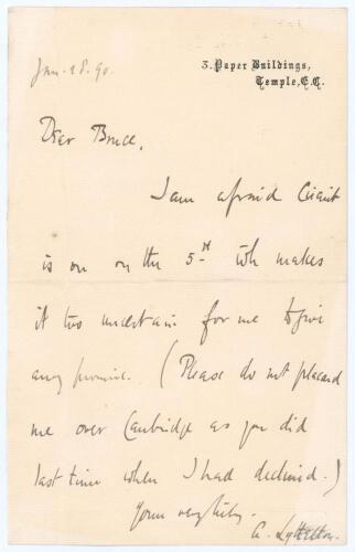 Alfred Lyttleton. Cambridge University, Middlesex & England 1876-1887. Single page letter handwritten in ink by Lyttelton to &lsquo;Dear Bruce&rsquo;, dated 28th January 1890 from his office in London. Replying to a request, presumably to attend a function, Lyttelton