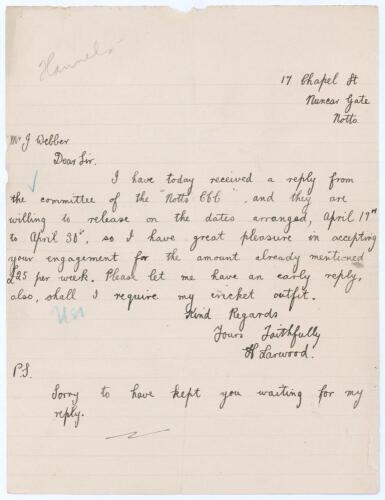Harold Larwood. Nottinghamshire, Europeans & England 1924-1938. Single page handwritten letter in ink on ruled paper from Larwood to John Webber, Manager of the Sports Department at Harrods. The letter is undated but probably 1927. Larwood is replying to 