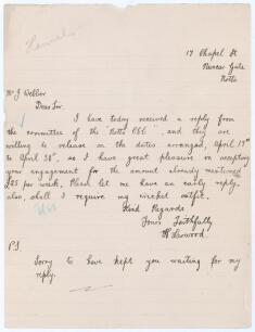 Harold Larwood. Nottinghamshire, Europeans & England 1924-1938. Single page handwritten letter in ink on ruled paper from Larwood to John Webber, Manager of the Sports Department at Harrods. The letter is undated but probably 1927. Larwood is replying to 