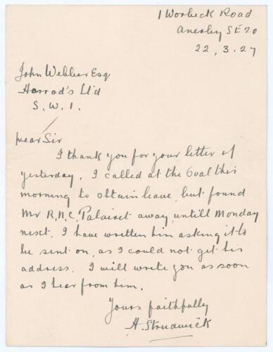 Herbert &lsquo;Bert&rsquo; Strudwick. Surrey & England 1902-1927. Single page handwritten folding letter in ink from Strudwick in London to John Webber, Manager of the Sports Department at Harrods, dated 22nd March 1927. Strudwick is replying to an invitation of empl