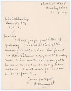 Herbert &lsquo;Bert&rsquo; Strudwick. Surrey & England 1902-1927. Single page handwritten folding letter in ink from Strudwick in London to John Webber, Manager of the Sports Department at Harrods, dated 22nd March 1927. Strudwick is replying to an invitation of empl