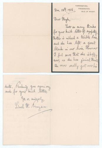 Hon. Lionel Hallam Tennyson. Hampshire & England 1913-1935. Two page folding &lsquo;In Memoriam&rsquo; letter handwritten in ink by Tennyson to &lsquo;Dear Hugh [Pakenham]&rsquo;. Dated 12th December 1916, Tennyson is writing to thank Pakenham for his &lsquo;kind letter of sympathy&rsquo; f