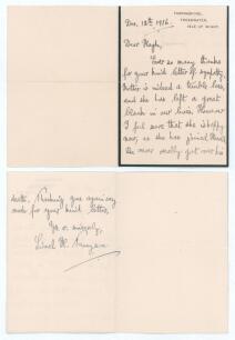 Hon. Lionel Hallam Tennyson. Hampshire & England 1913-1935. Two page folding &lsquo;In Memoriam&rsquo; letter handwritten in ink by Tennyson to &lsquo;Dear Hugh [Pakenham]&rsquo;. Dated 12th December 1916, Tennyson is writing to thank Pakenham for his &lsquo;kind letter of sympathy&rsquo; f
