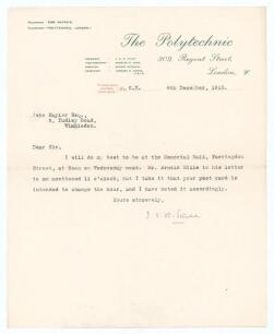 John Edward Kynaston Studd. Middlesex & Cambridge University 1878-1884. Single page typed letter on &lsquo;The Polytechnic, London&rsquo; official letterhead, of which Studd was a founder and President. Dated 8th December 1913, Studd writes to confirm his attendance 