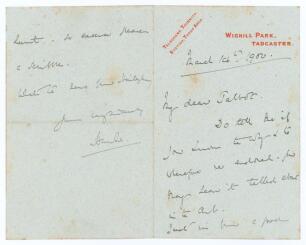 Lord Martin Bladen Hawke, Yorkshire & England 1881-1911. A two page handwritten folding letter in ink from Lord Hawke, who was Captain of Yorkshire for many years, to &lsquo;My dear Talbot&rsquo;, dated 14th March 1900. Writing from his home at Wighill Park, Tadcaste