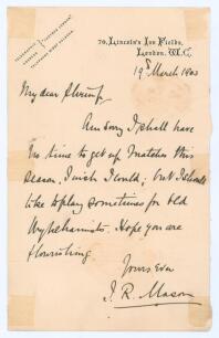 John Richard &lsquo;Jack&rsquo; Mason. Kent & England 1893-1914. Single page handwritten letter in ink from Mason to &lsquo;My dear Shrimp&rsquo; (H.D.G Leveson Gower). Dated 19th March 1903, Mason writes to say he is &lsquo;sorry I shall have no time to get up matches this season [po