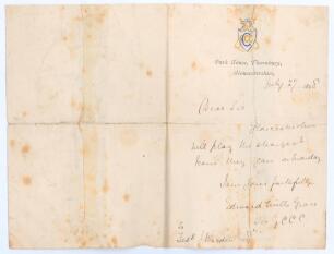 Edward Mills Grace. Gloucestershire & England 1870-1896. Single page handwritten letter in ink from Grace to &lsquo;Fredk. J. Warden&rsquo;, on Park House, Thornbury headed note paper, dated 27th July 1898. In his capacity as Secretary, Grace writes &lsquo;Gloucestershire 