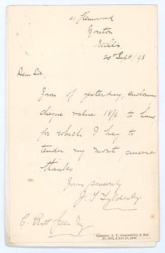John Thomas &lsquo;Johnny&rsquo; Tyldesley. Lancashire & England 1895-1923. Single page handwritten folding letter in ink from Tyldesley dated 29th September 1898. Writing to the collector, Charles Pratt Green, Tyldesley is sending his thanks for the receipt of a che