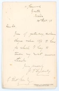 John Thomas &lsquo;Johnny&rsquo; Tyldesley. Lancashire & England 1895-1923. Single page handwritten folding letter in ink from Tyldesley dated 29th September 1898. Writing to the collector, Charles Pratt Green, Tyldesley is sending his thanks for the receipt of a che
