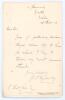 John Thomas &lsquo;Johnny&rsquo; Tyldesley. Lancashire & England 1895-1923. Single page handwritten folding letter in ink from Tyldesley dated 29th September 1898. Writing to the collector, Charles Pratt Green, Tyldesley is sending his thanks for the receipt of a che