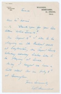 Walter Reginald &lsquo;Wally&rsquo; Hammond. Gloucestershire & England 1920-1951. Single page letter handwritten in blue ink by Hammond to &lsquo;Dear Mr Morris&rsquo;. Dated 21st June (year unknown), Hammond is replying to requests for a meeting, &lsquo;On August 12th I hope to be pl