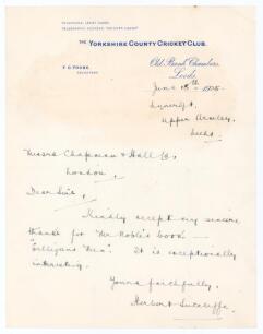 Herbert Sutcliffe. Yorkshire & England 1919-1945. Single page handwritten letter in ink on Yorkshire C.C.C. official letterhead. Dated 18th June 1925, Sutcliffe is writing to the publisher, Messrs Chapman & Hall in London to thank them for &lsquo;Mr Noble&rsquo;s boo