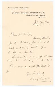 Andrew &lsquo;Andy&rsquo; Sandham. Surrey & England 1911-1937. Single page handwritten letter in ink from Sandham to &lsquo;Dear Mr. Wolfe&rsquo;, presumed to be the collector and brother-in-law of Sir Julien Cahn, E. George Wolfe. Written on Surrey C.C.C. official letterhead at