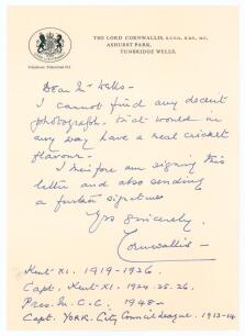 Wykeham Stanley (Lord) Cornwallis. Kent 1919-1926. Single page handwritten letter on Lord Cornwallis&rsquo; official letterhead at Ashurst Park, Tunbridge Wells. In an undated letter to a &lsquo;Mr Wells&rsquo;, Cornwallis is replying to a request for his photograph, but i