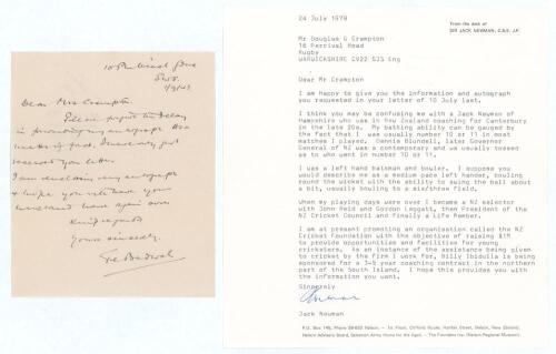 M.C.C. Tour of Australia & New Zealand &lsquo;Bodyline&rsquo; 1932/33. New Zealand leg of the tour. Three handwritten letters to Douglas Crampton (an autograph collector) from Fred Badcock, Jack Newman and Paul Whitelaw, all New Zealand Test cricketers who played ag