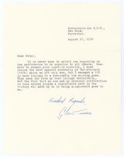 Glenn Maitland Turner. Worcestershire, Northern Districts, Otago & New Zealand 1964-1983. Single page typed letter from Turner to &lsquo;Dear Peter&rsquo; dated 31st August 1976. Writing from New Road, Worcester, Turner has been asked for his opinion on his best perf