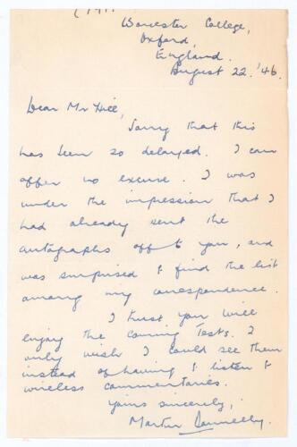 Martin Paterson Donnelly. Wellington, Canterbury, Oxford University, Middlesex, Warwickshire & New Zealand etc. 1936-1961. Single page handwritten letter from Donnelly to a collector, &lsquo;Mr Hill&rsquo;. Dated 22nd August 1946, writing from his Oxford college, Don