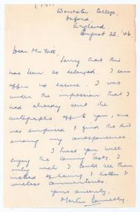 Martin Paterson Donnelly. Wellington, Canterbury, Oxford University, Middlesex, Warwickshire & New Zealand etc. 1936-1961. Single page handwritten letter from Donnelly to a collector, &lsquo;Mr Hill&rsquo;. Dated 22nd August 1946, writing from his Oxford college, Don