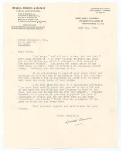 Walter Arnold Hadlee. Canterbury, Otago & New Zealand 1933-1952. Single page typed letter on Hadlee&rsquo;s business letterhead in Christchurch with original envelope. Dated 20th May 1958, Hadlee is replying to a request for a photograph for inclusion in the co