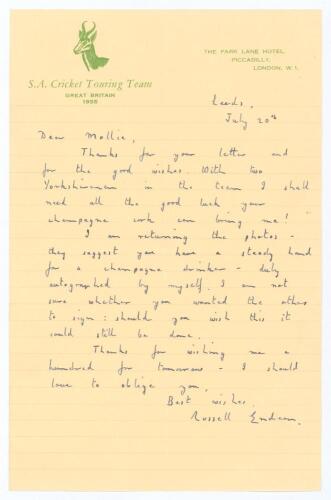William Russell Endean. Transvaal & South Africa 1945-1964. Single page handwritten letter in ink on &lsquo;S.A. Cricket Touring Team Great Britain 1955&rsquo; letterhead. Dated 20th July [1955] on the eve of the 4th Test against England at Headingley, Endean is repl