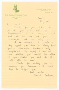 William Russell Endean. Transvaal & South Africa 1945-1964. Single page handwritten letter in ink on &lsquo;S.A. Cricket Touring Team Great Britain 1955&rsquo; letterhead. Dated 20th July [1955] on the eve of the 4th Test against England at Headingley, Endean is repl