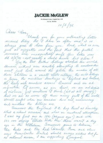 Derek John &lsquo;Jackie&rsquo; McGlew. Natal & South Africa 1947-1967. Two page handwritten letter in ink on McGlew&rsquo;s personal letterhead, dated 10th May 1996. Writing to &lsquo;Dear Don&rsquo; in a letter with good cricket and other content, McGlew opens with a despairing desc