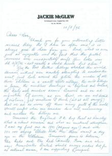 Derek John &lsquo;Jackie&rsquo; McGlew. Natal & South Africa 1947-1967. Two page handwritten letter in ink on McGlew&rsquo;s personal letterhead, dated 10th May 1996. Writing to &lsquo;Dear Don&rsquo; in a letter with good cricket and other content, McGlew opens with a despairing desc