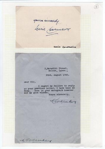 Learie Nicholas Constantine. Trinidad, Barbados, West Indies etc. 1921-1945. Excellent signature in ink on page of Learie Constantine. The small page loosely mounted to large album page with typed letter from Constantine similarly mounted below. The lette