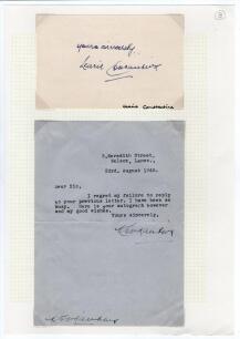 Learie Nicholas Constantine. Trinidad, Barbados, West Indies etc. 1921-1945. Excellent signature in ink on page of Learie Constantine. The small page loosely mounted to large album page with typed letter from Constantine similarly mounted below. The lette